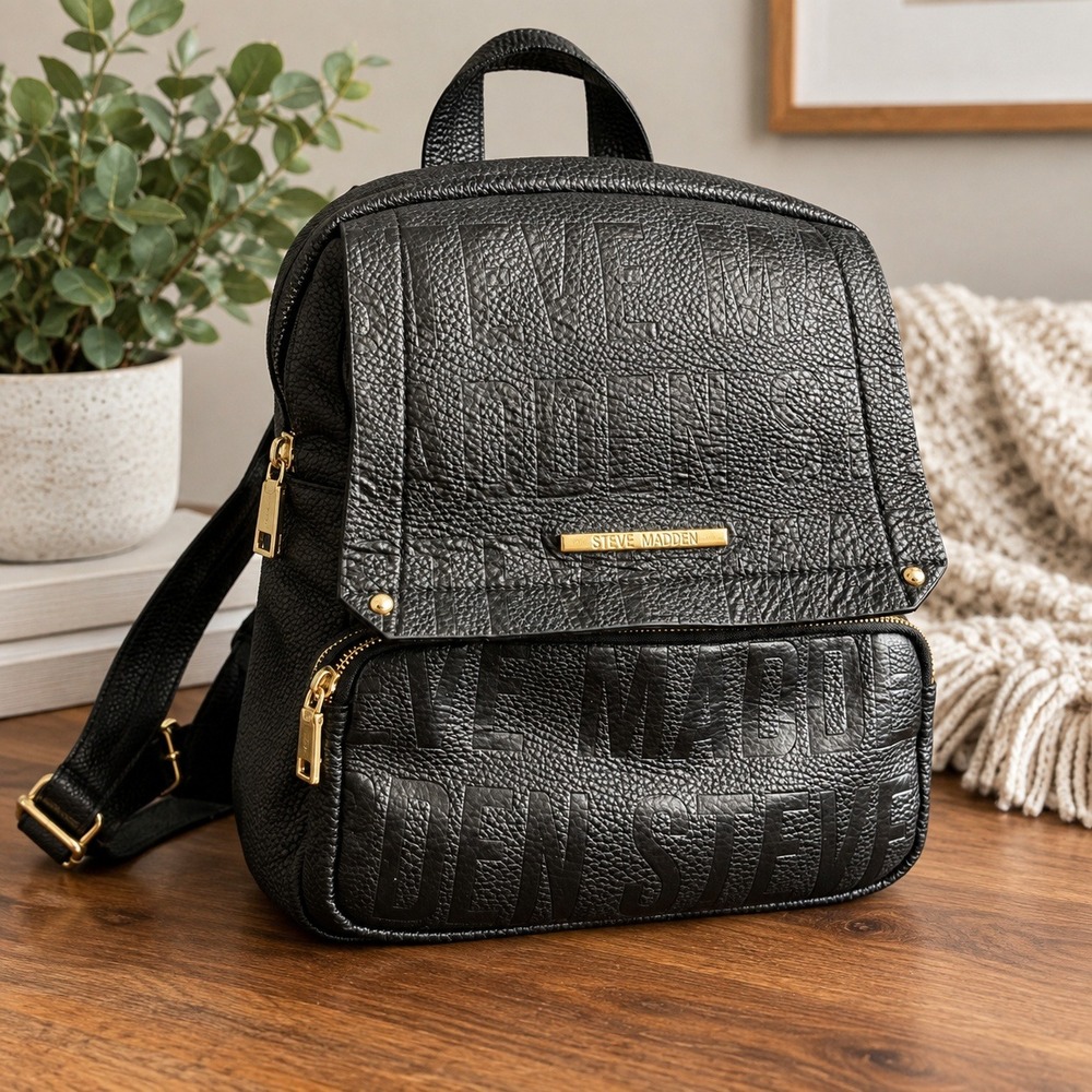 Steve Madden Backpack Black Embossed Logo Faux Leather Gold Hardware Medium Size